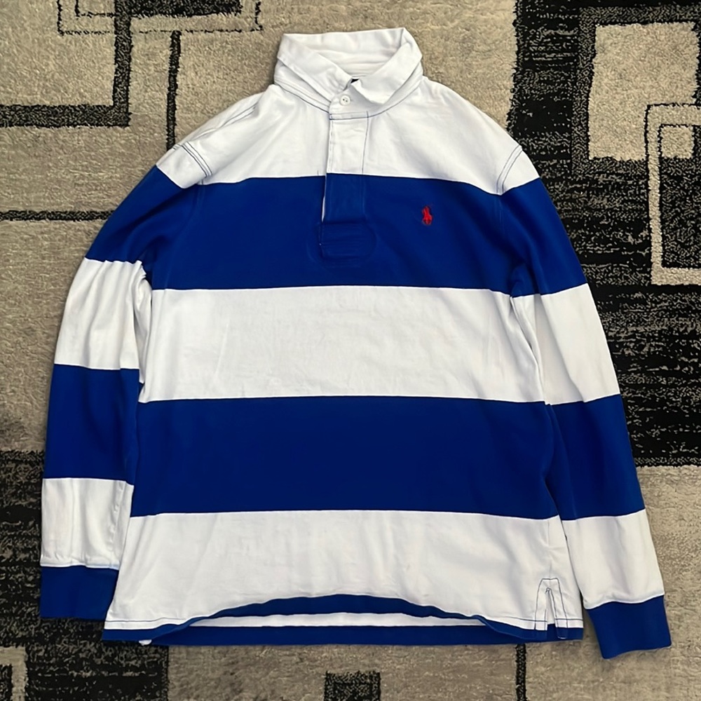Polo dress shirt, Blue and White with red logo